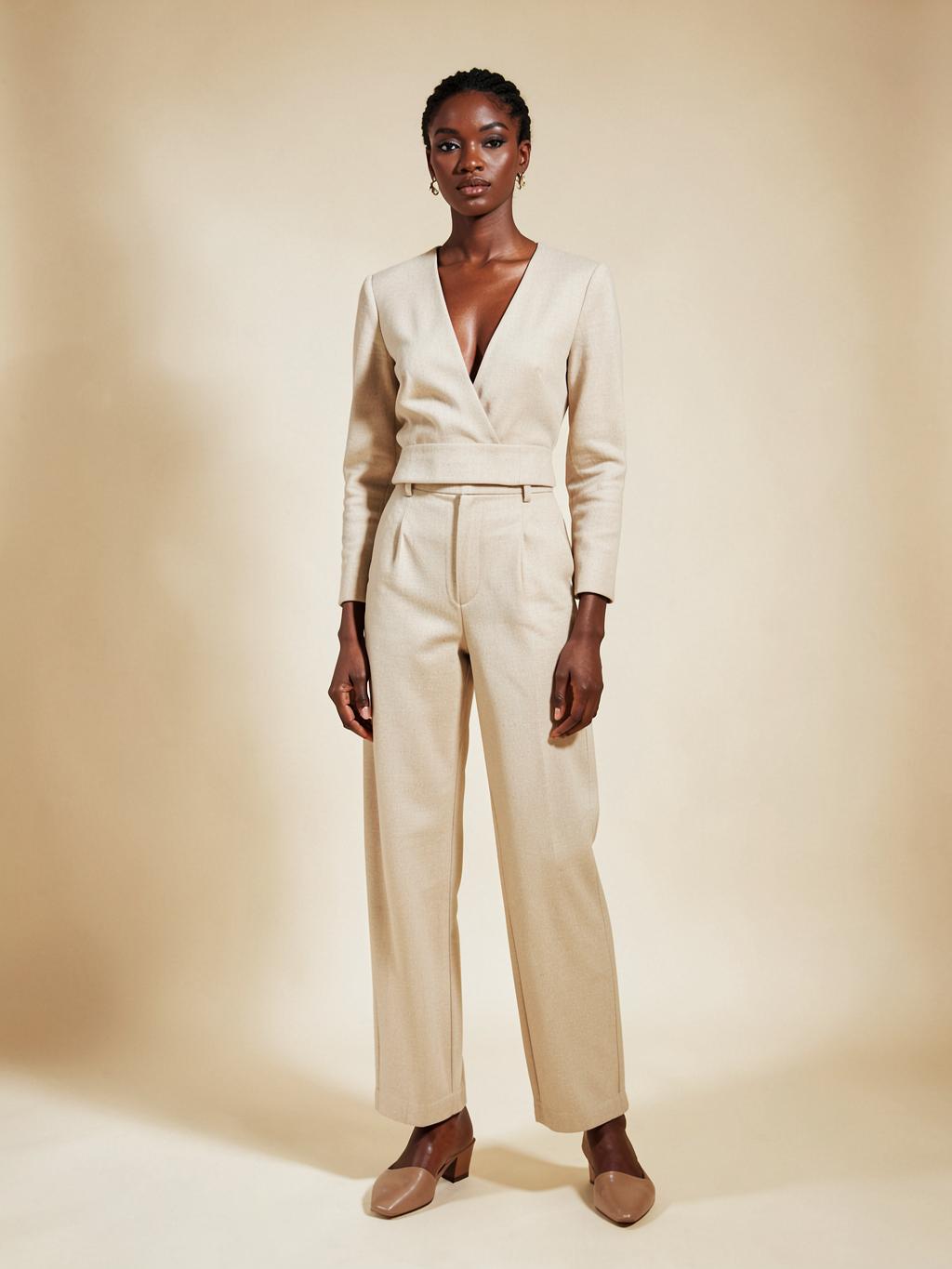 Mirrored Studio editorial look — minimalist neutral tailoring
